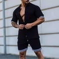 thumbnail image 2 of REORIAFEE Men's 2 Pieces 80s 90s Outfit Retro Set Hawaiian Summer Tracksuit for Summer Disco Party Cardigan Suit Slim Fit Lapel Drawstring Shorts Suit Sports Top Shorts Two Piece Suit Black M, 2 of 6