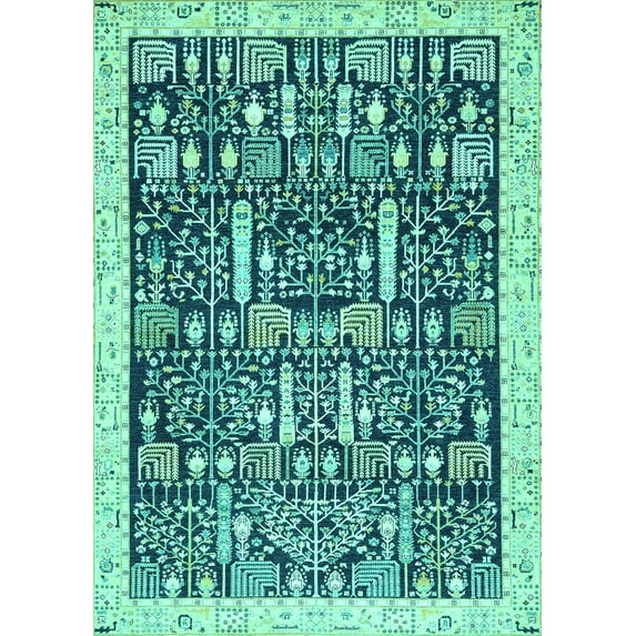 Ahgly Company Machine Washable Indoor Rectangle Oriental Turquoise Blue Traditional Area Rugs, 8' x 10'