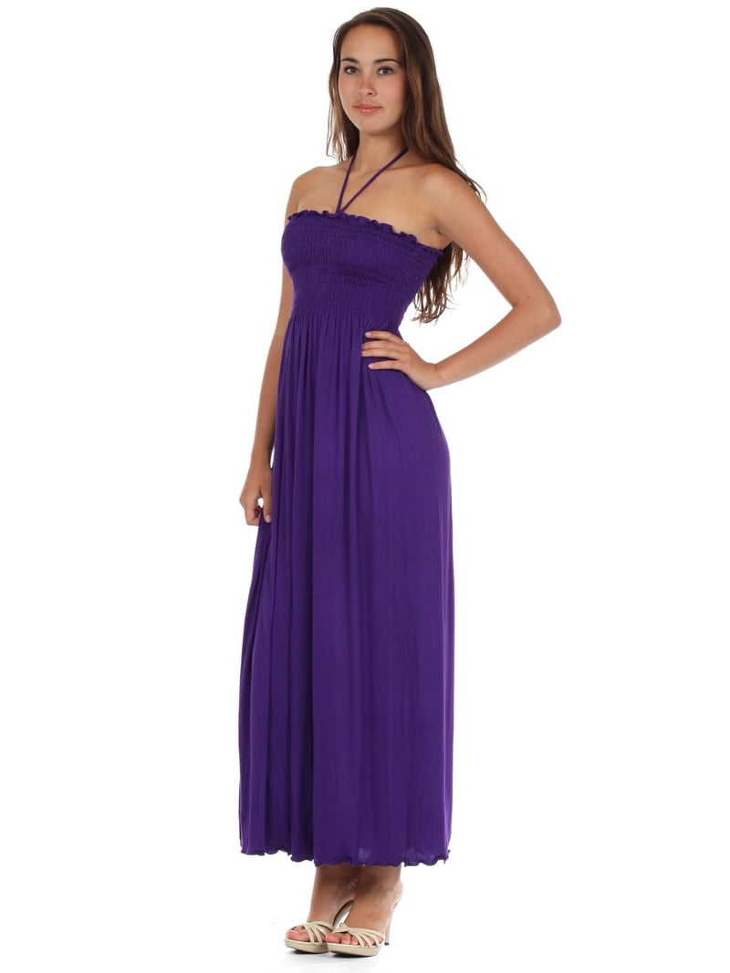 jersey dress with strings Sakkas Soft Feel Solid Color Smocked Bodice String Halter Long - Purple LowStock:43810607333427