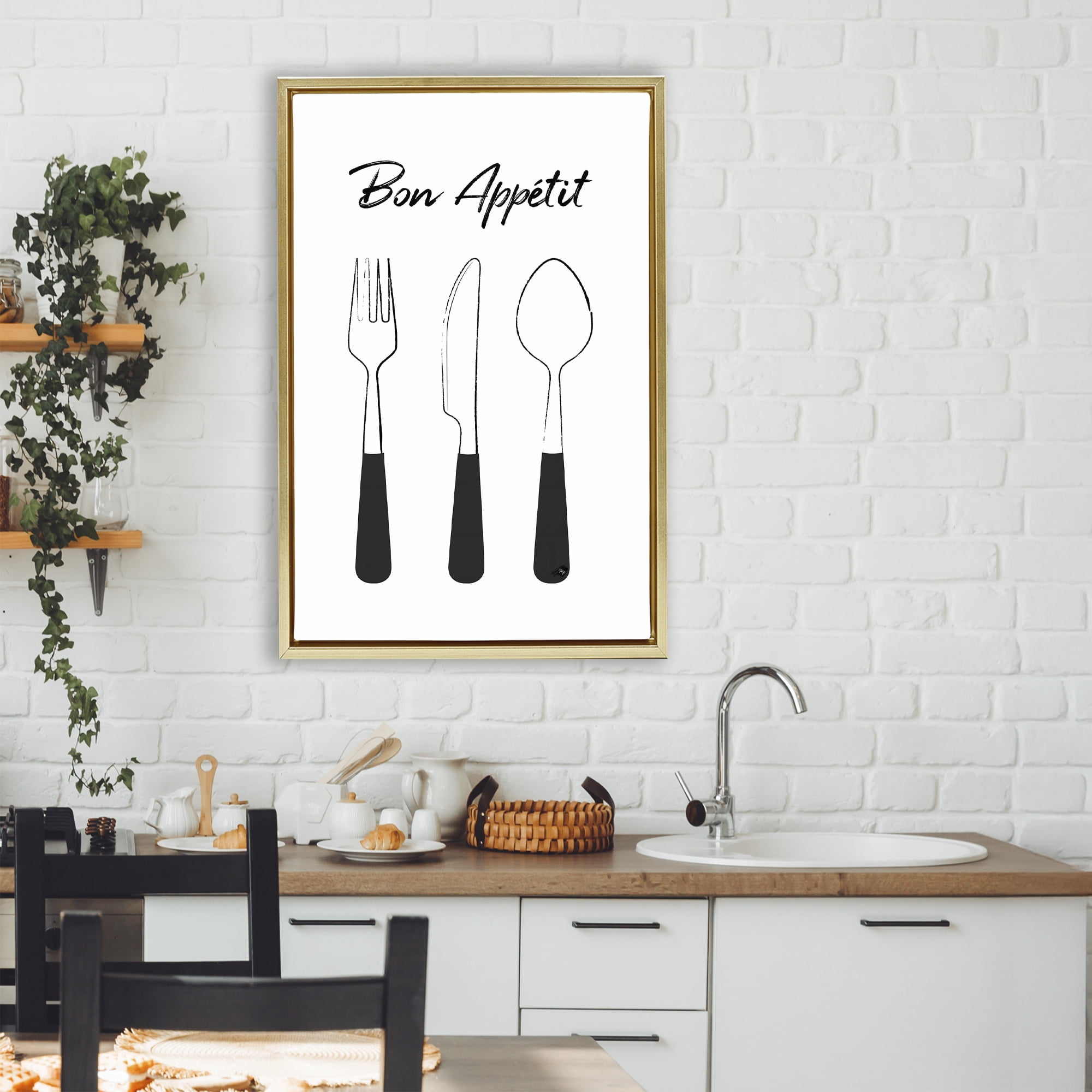 Stupell Industries Bon Appetit Fork Knife Spoon Gold Framed Floater Canvas Wall Art, design by Martina Pavlova
