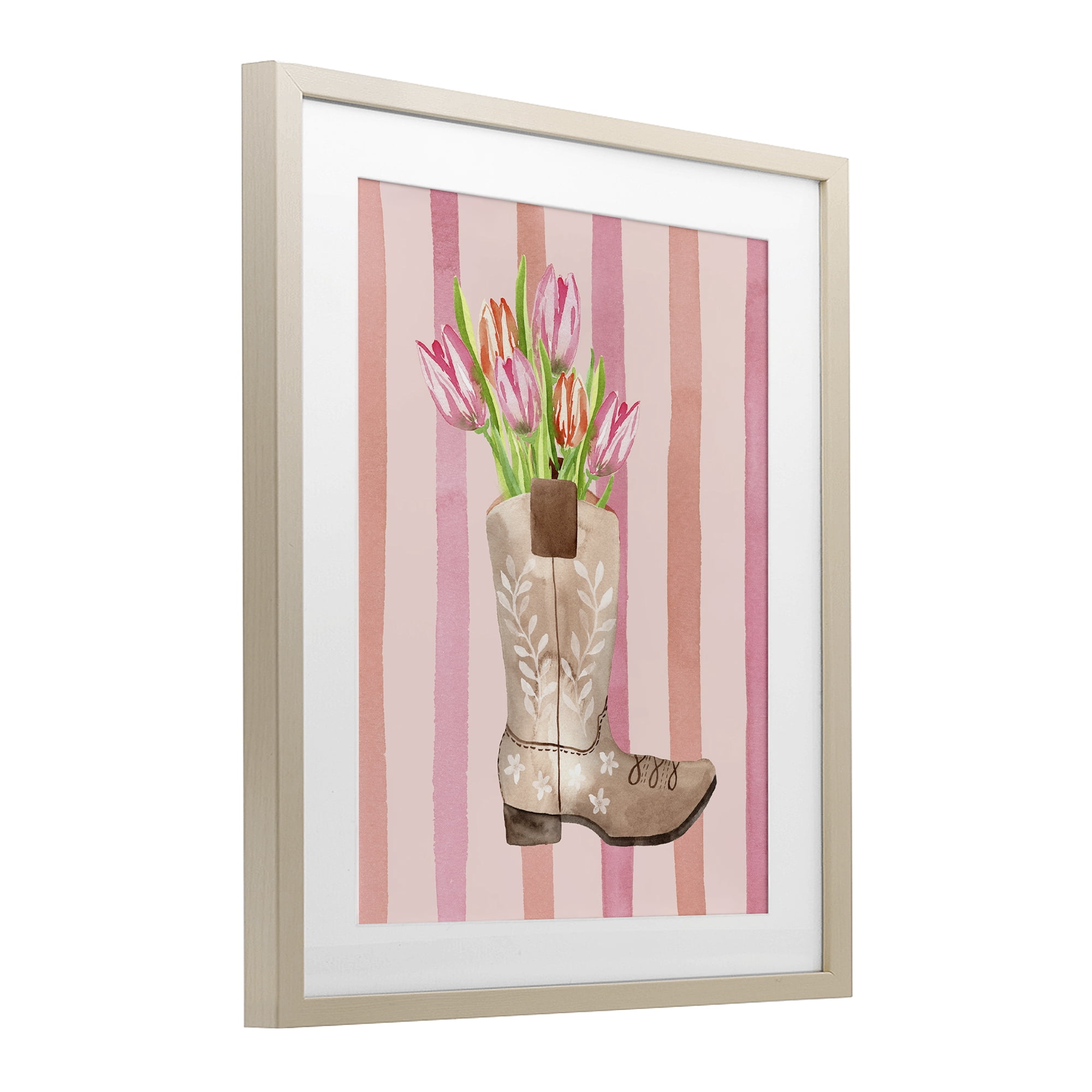 Tulip Cowgirl on Stripes Birch Framed Print Under Glass, design by Nina Jacobs