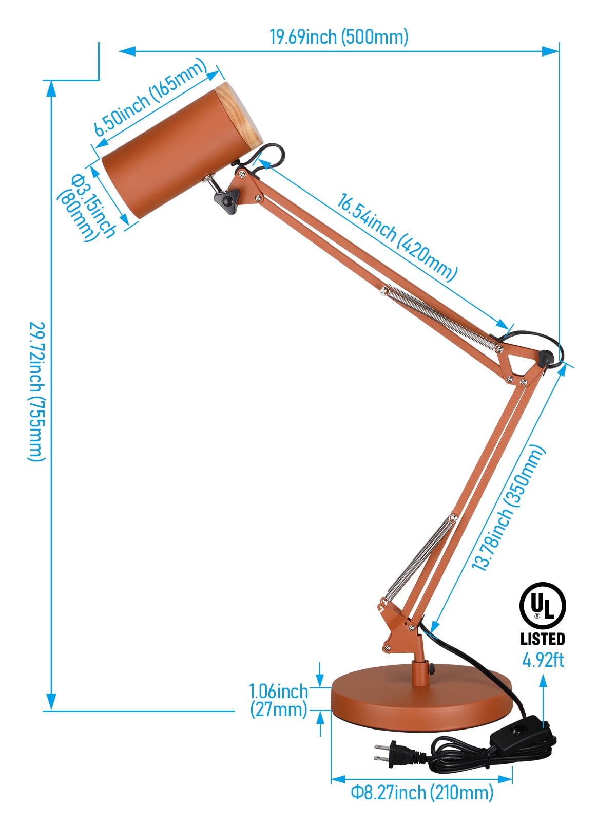 2 Pack Adjustable Metal Table Lamp, Large Size Max Height 29.7", E26 Base, Swing Arm Desk Light with Wooden Accent, Orange