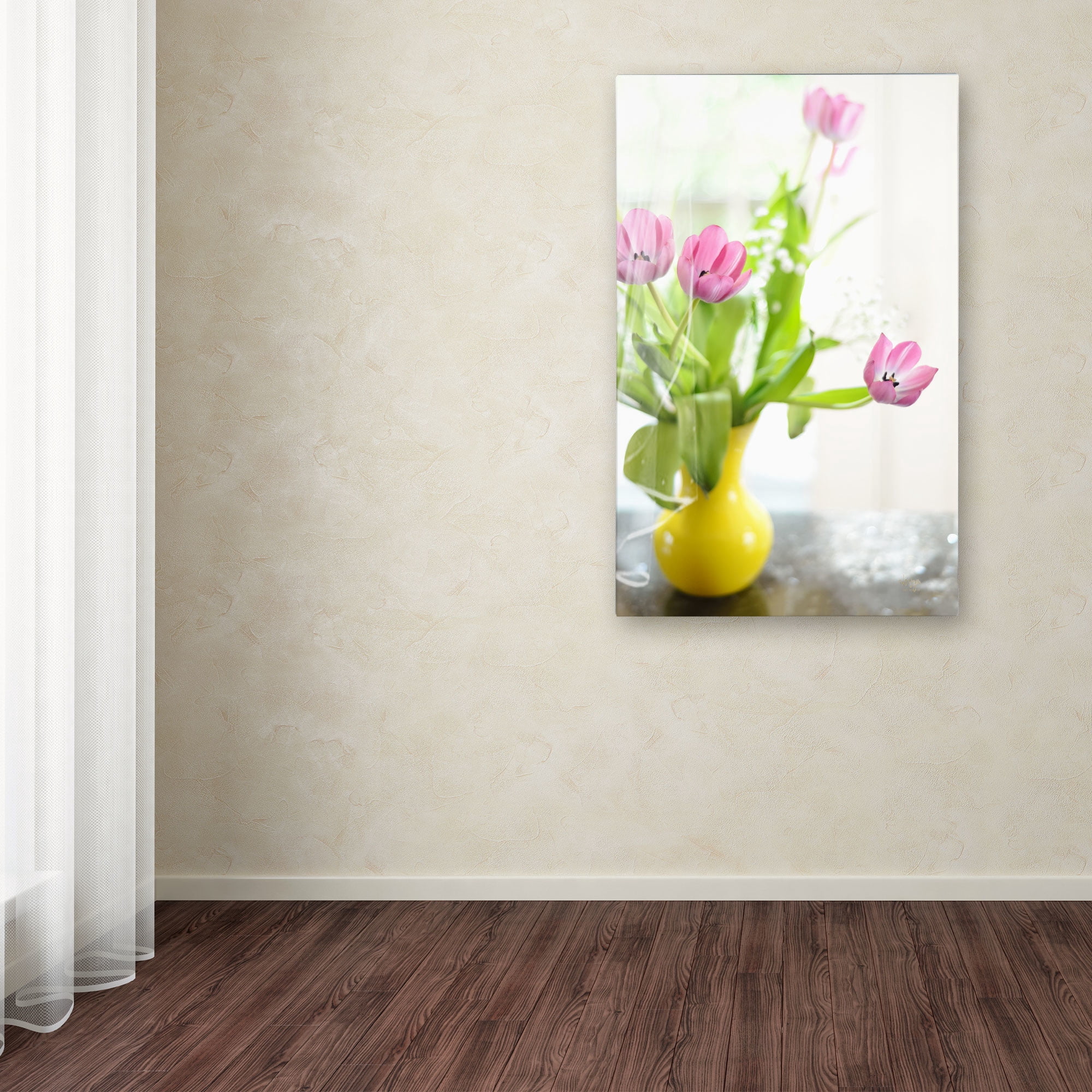 Trademark Fine Art "Pink Tulips in Yellow Vase" Canvas Art by Lois Bryan