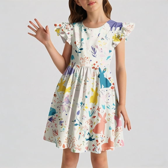 REDARER Girls Flutter Sleeve Easter Bunny & Floral Print Dress with Elastic Waist Casual Summer Playground School Outdoor Comfortable Breathable Outfit for Kids,5-6 Years