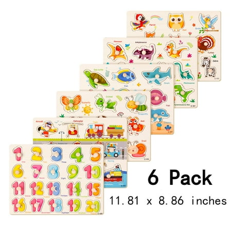 Armscye 6 Pack Wooden Peg Puzzles for Toddlers, 11.81 x 8.86 inch Preschool Educational Learning Wooden Puzzles Ages 1 4 - Animals, Dinosaurs, Ocean, Vehicles, Insects, Numbers