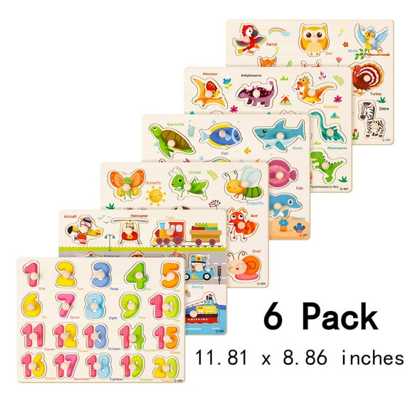 Armscye 6 Pack Wooden Peg Puzzles for Toddlers, 11.81 x 8.86 inch Preschool Educational Learning Wooden Puzzles Ages 1 4 - Animals, Dinosaurs, Ocean, Vehicles, Insects, Numbers