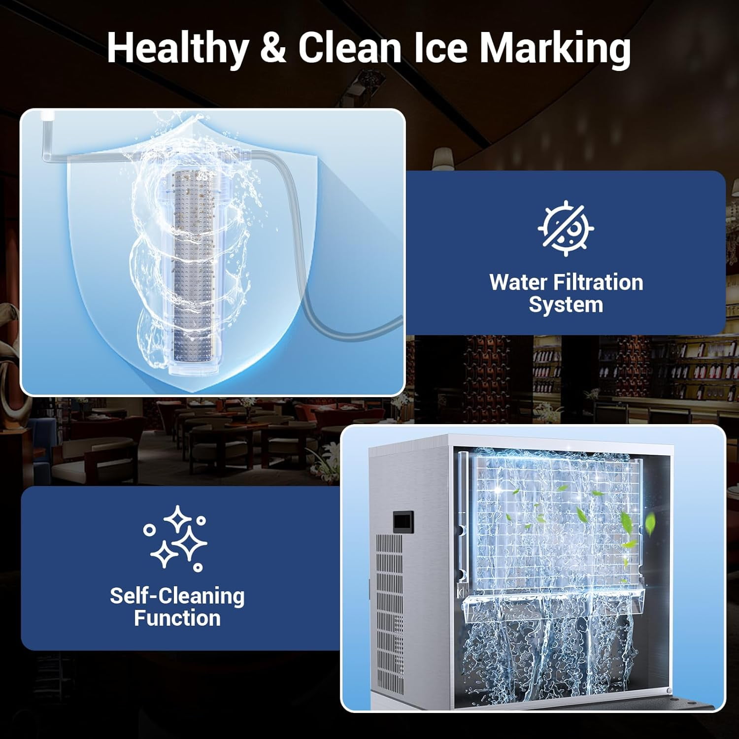High-Capacity Commercial Ice Maker - 600Lbs/24H Output, 400Lbs Storage, Stainless Steel Construction with Water Hookup & Adjustable Ice Thickness