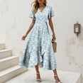 thumbnail image 2 of felwors Summer Dresses for Women 2025 Casual V Neck Short Sleeve Floral Midi Dress Tie Waist Ruffle Boho Cute Summer Dress Dark Blue, XXL, 2 of 9