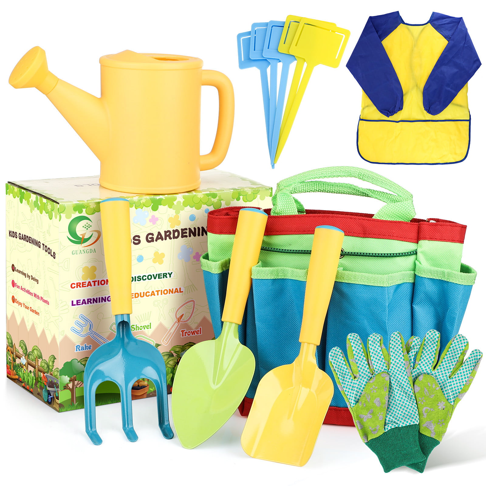 Jellydog Toy Kids Gardening Tools Set,8 Piece Garden Tool Set,Includes Watering Can Shovel Rake Trowel,Hat and Kids Apron Smock,All in One Gardening Kit Gardening Gloves 