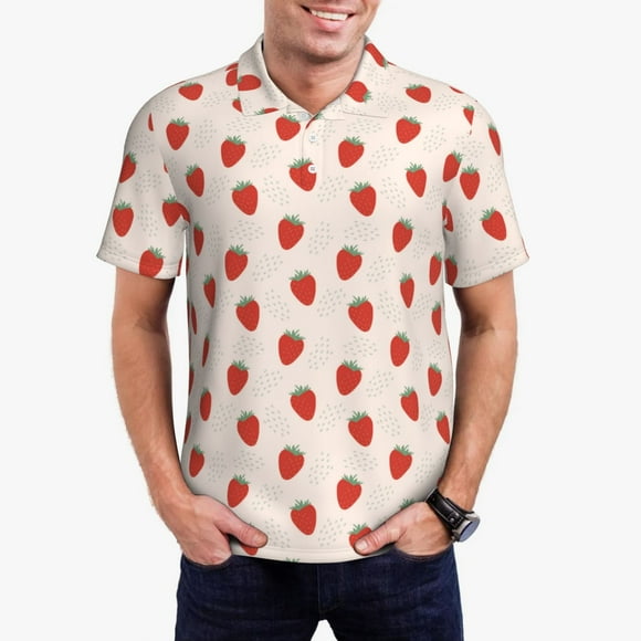 Saiise Hand Drawn Strawberry Print Mens Golf Shirt Moisture Wicking Quick-Dry Print Performance Polo Shirts for Men-Large