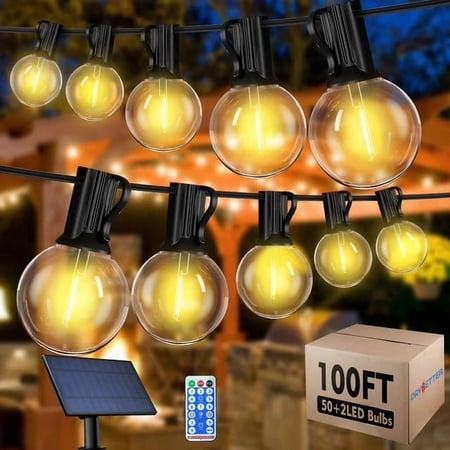 DAYBETTER Solar Outdoor String Lights, 100ft Waterproof Patio Lights with Remote, 50 LED Bulbs, 8 Lighting Modes, for Yard Outside