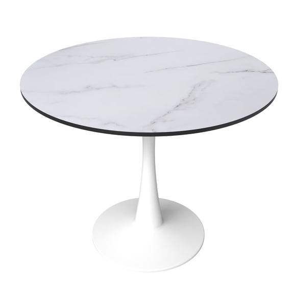 LeisureMod Bristol Mid-Century Modern Round Table with a 31" Wood Top and Iron Pedestal Base in Gloss Finish for Kitchen and Dining Room, Marbled White