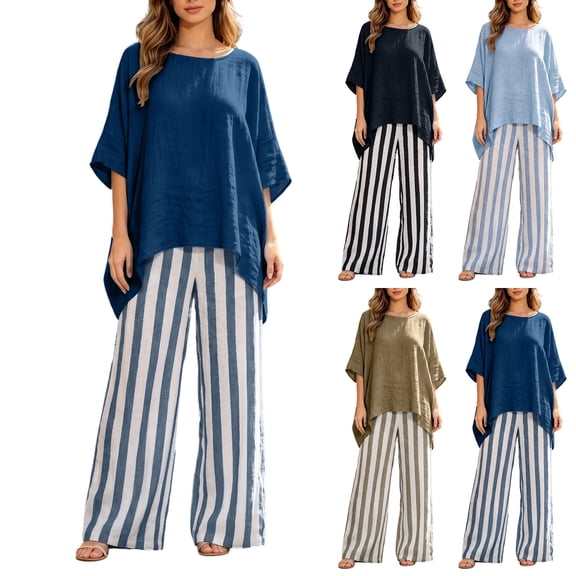 AHTJRT Women's Lounge 2 Piece Outfits Loose Fit Tunic Tops and Flowy Striped Wide Leg Pants Set Summer Beach Vacation Everday Wear Outfits Blue XXXL