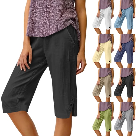 Womens Bermuda Shorts Cotton Linen Knee Length Elastic Waist Baggy Capris Loose Summer Beach Shorts for Seniors Light Blue M