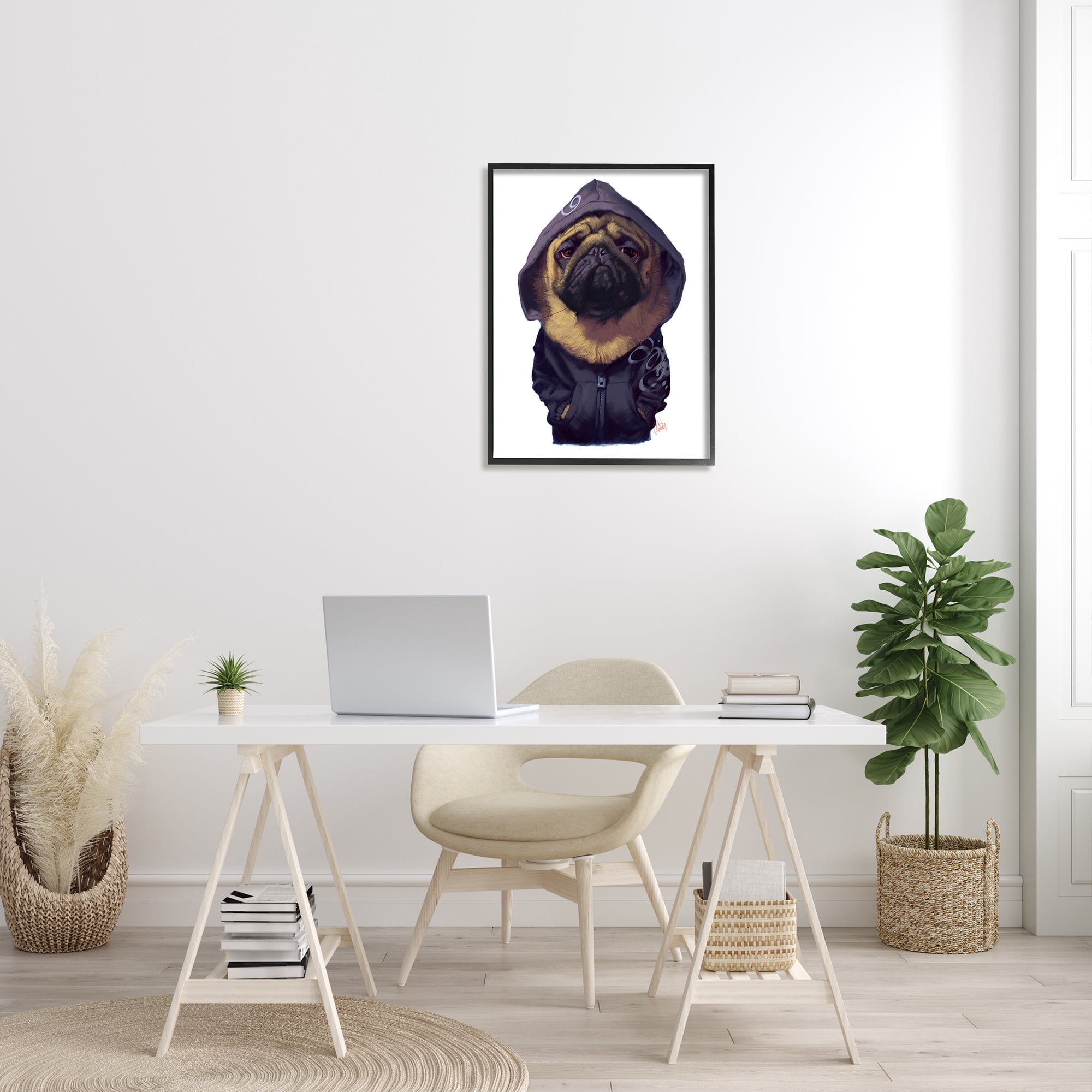 Stupell Industries Pug in Street Wear Urban Fashion Moody Dog Animals & Insects Painting Black Framed Art Print Wall Art, 24 x 30