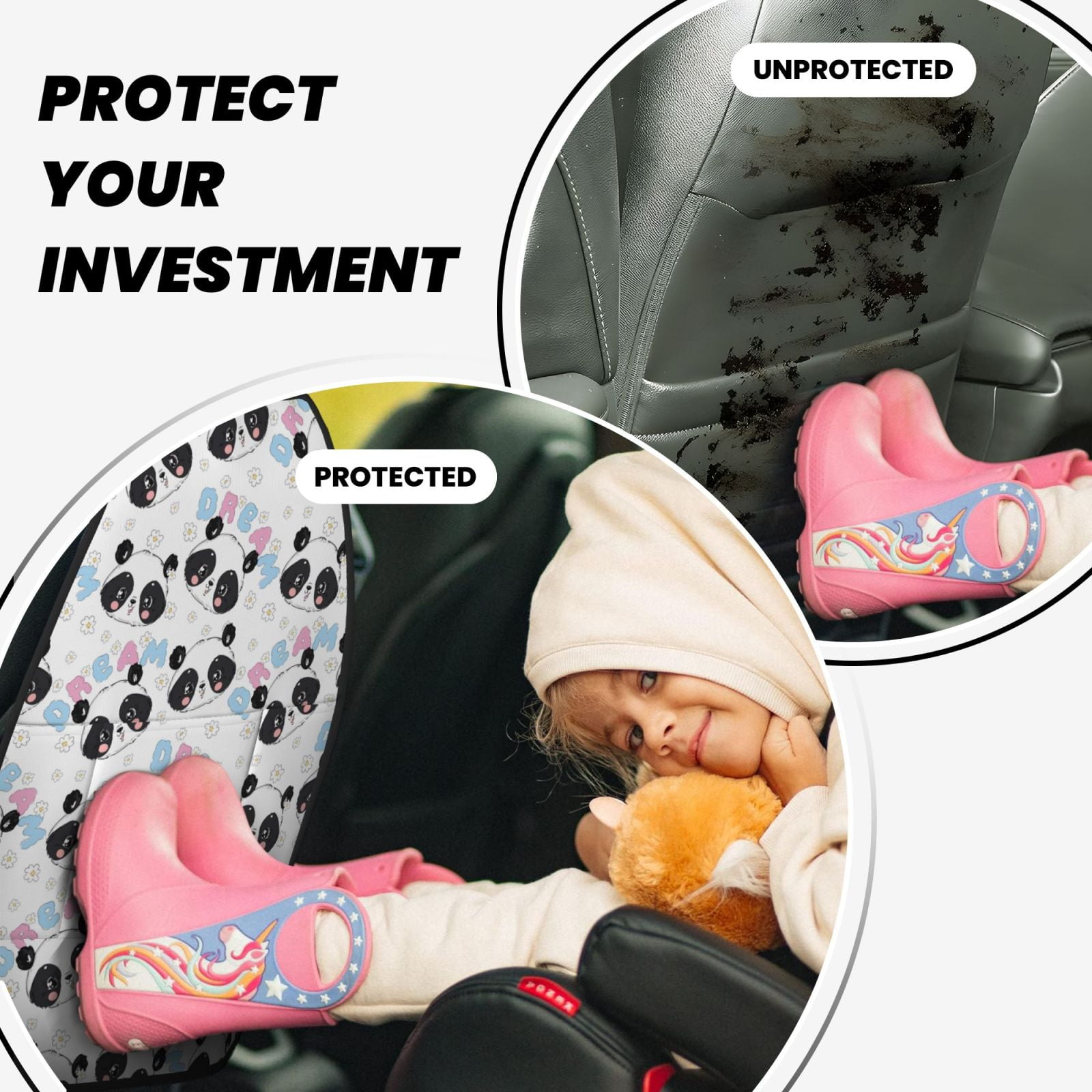 Xecao Panda Bear1 Pattern Car Seat Back Protector 2 Pack Large Capacity Pocket, Kick Mats Back Seat Protector