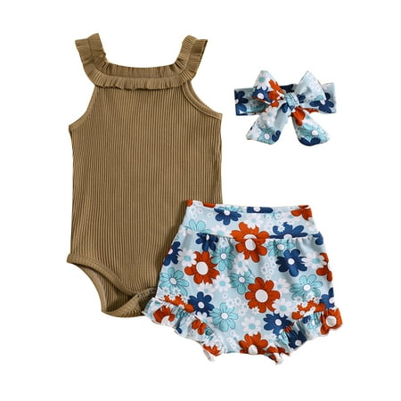 

Musuos 4th of July Baby Girl Ribbed Plain Romper Floral Shorts Bloomers with Headband