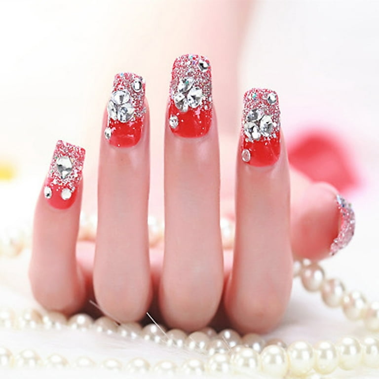 Red French Nail Art With Rhinestones Stock Photo - Download Image