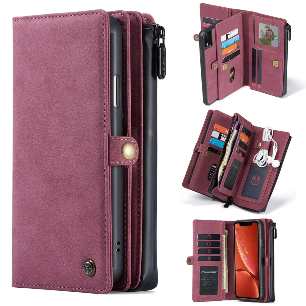 iPhone XR Wallet Case, Dteck Matte Leather Zipper Wallet Case 17 Card