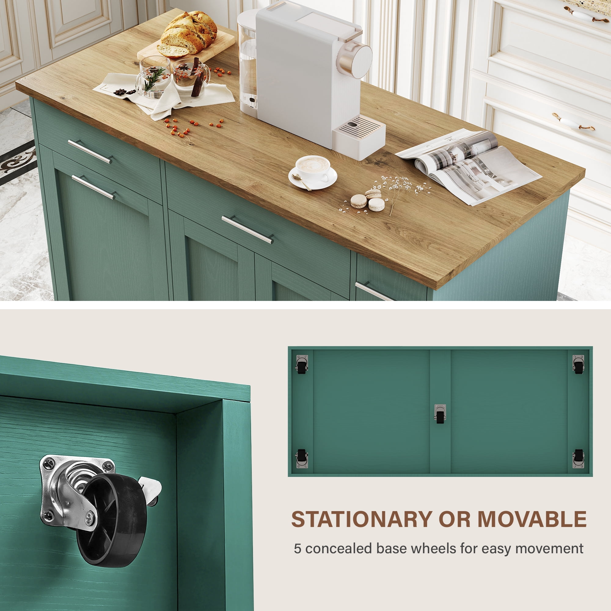 4 EVER WINNER 53" Rolling Kitchen Island on Wheels, Mobile Kitchen Cart with Trash Can Storage, 3-Tier Spice Rack & Adjustable Shelves, Kitchen Island Table for Versatile Kitchen Storage, Deep Green