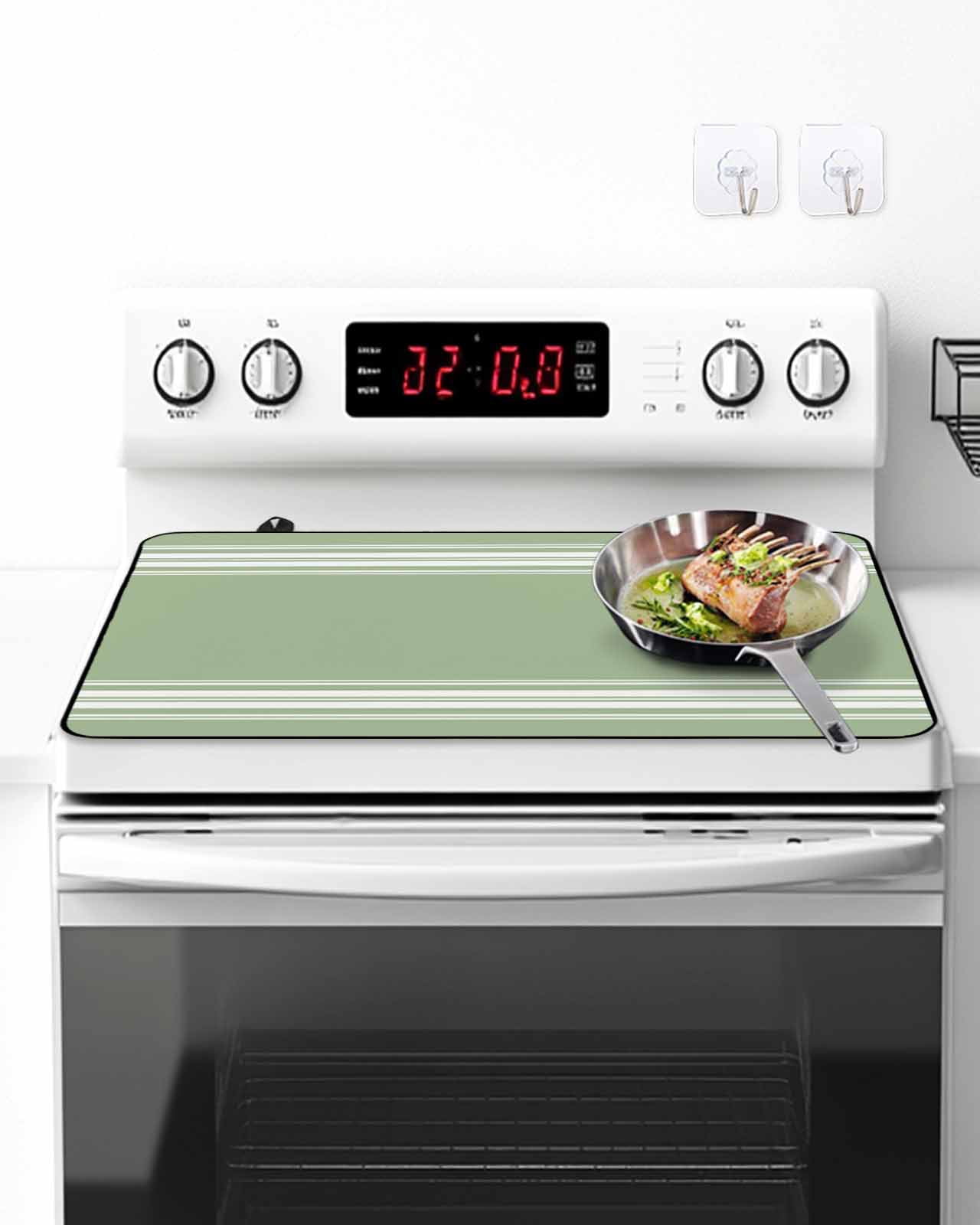 Stove Top Covers for Electric Stove, Sage Green Kitchen Glass Ceramic Electric Cooktop Covers 31''x24'', Farmhouse Sage Green White Striped HeatResistant Oven/Countertop/Dishwasher/Sink Protector