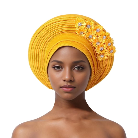 Fgnfyis Auto African Head Tie Aso Oke Headwraps Turban Wedding Party Handmade Elegant Hair Wear Beret Cap Gold One Size