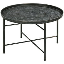Barara King Coffee Table, Living Room Small Tables,24" Round Center Table with Hammered Tray Top and Metal Frame for Bedroom, Pewter