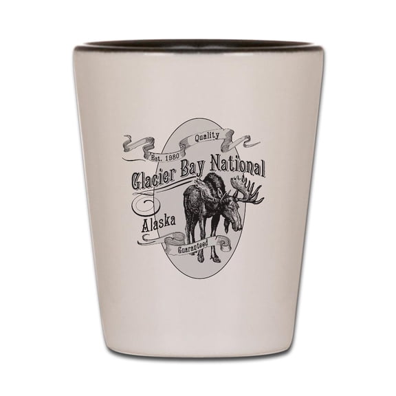CafePress - Glacier Bay Vintage Moose - White/Black Shot Glass, Unique and Funny Shot Glass