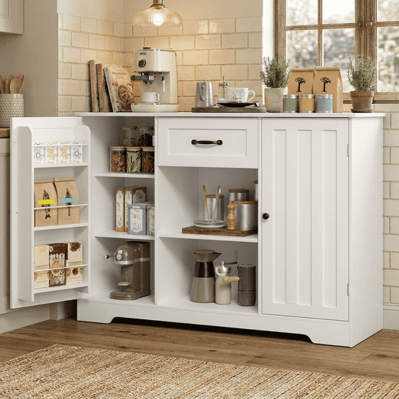 45" Coffee Bar Cabinet, Buffet Sideboard with Shelves & Countertop, Storage for Kitchen & Living Room, White