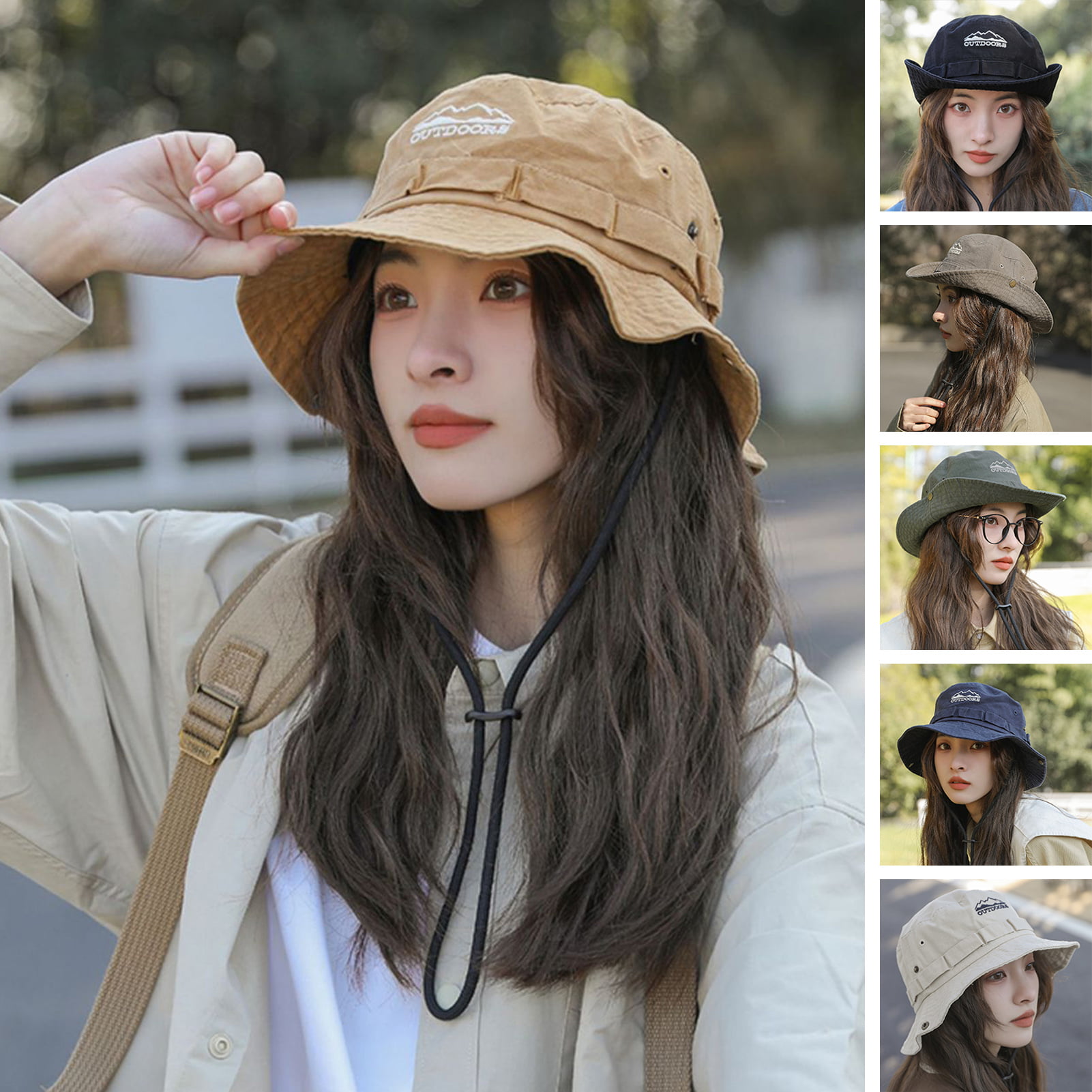Honrane Women Fisherman Hat Solid Color Breathable Anti-UV Windproof Fixed  Strap Soft Sun Protection Japanese Style Large Brim Curled Edge Lady Cap  Headwear 