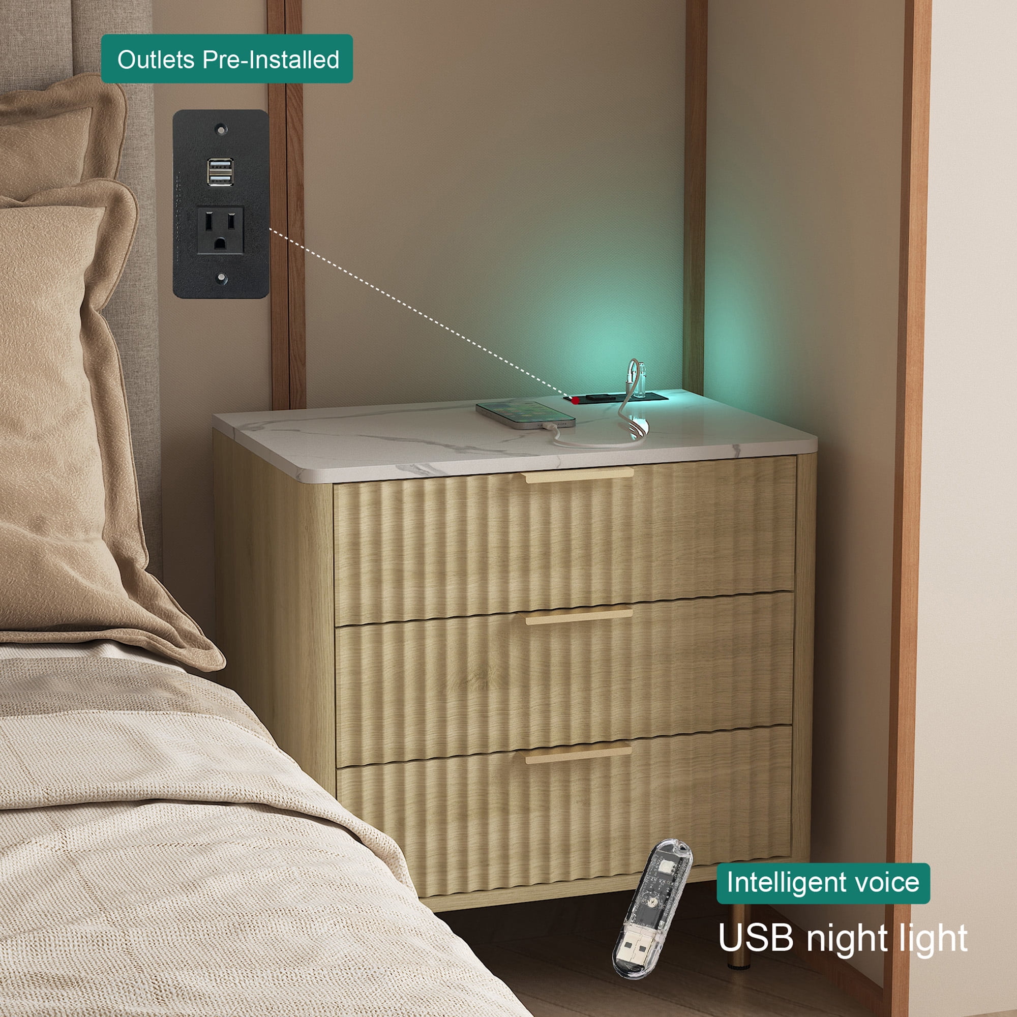 Aukfa Smart 3 Drawer Nightstand with Charging Station, Side Table with Voice-Controlled 7-Color LED Light,Natural