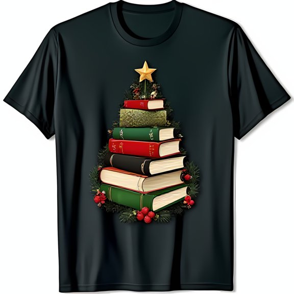 Whimsical Black T-Shirt with Colorful Book Christmas Tree Design
