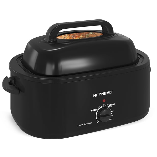 Horno asador, buffet de horno asador de pavo de 26 cuartos con tapa auto-bastante, horno asador eléctrico de 1450 W con asas de tacto frío, horno asador de acero inoxidable con bandeja y rejilla extra