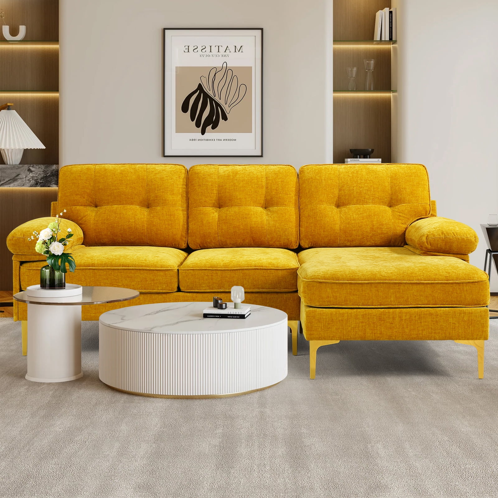 INGALIK Convertible Sectional Sofa Couch, L-Shaped Couch with Reversible Chaise Lounge, Chenille Fabric Modern Sofa for Living Room, Apartment, Office, 3 Seats, Yellow