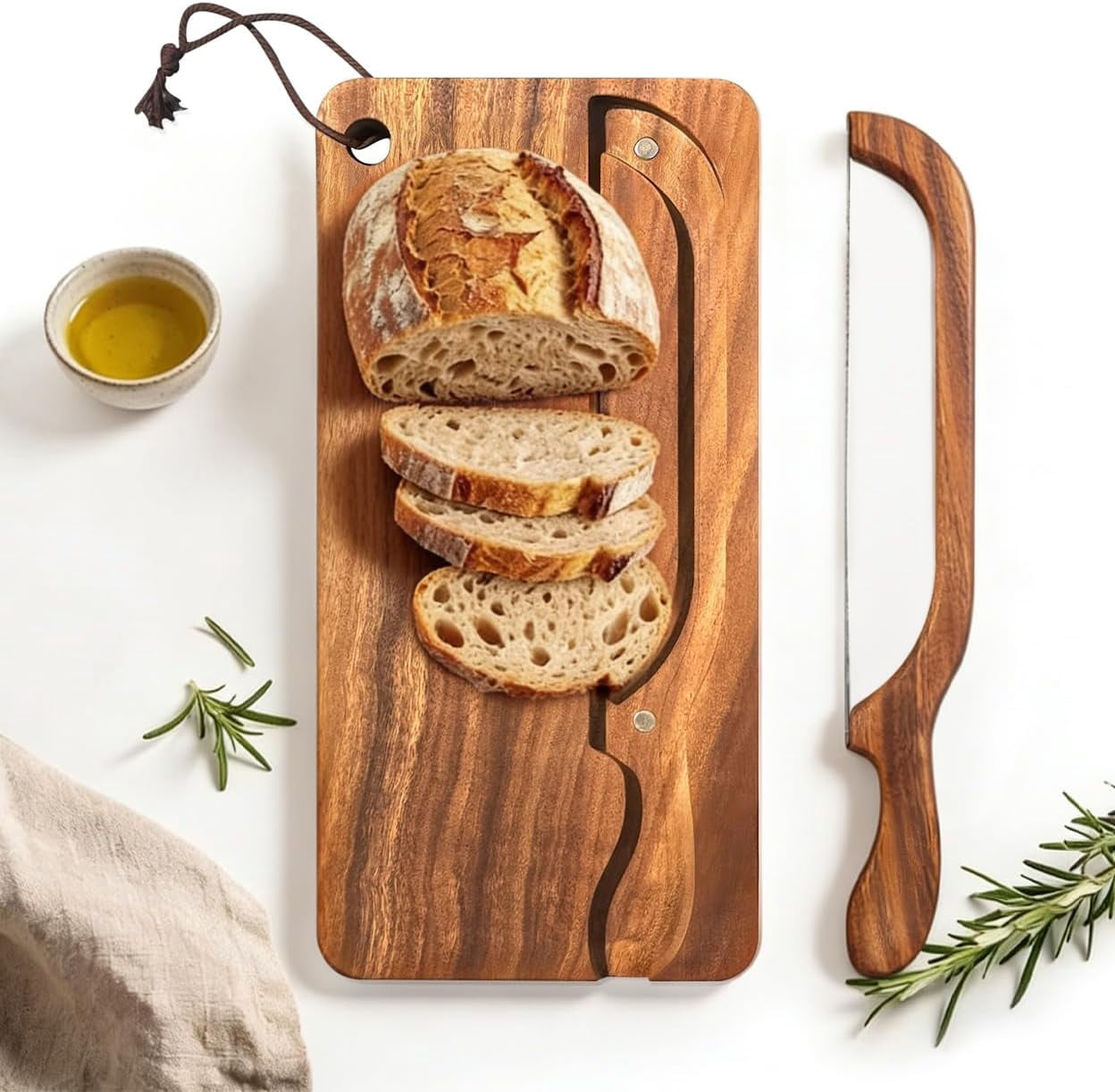 RGHJAR-Bread Knife and Board Set with Crumb Tray, 8 Inch Manual Slicer for Sourdough Bagels Baguettes, Ambidextrous Serrated Blade & Reversible Acacia Wood Cutting Board