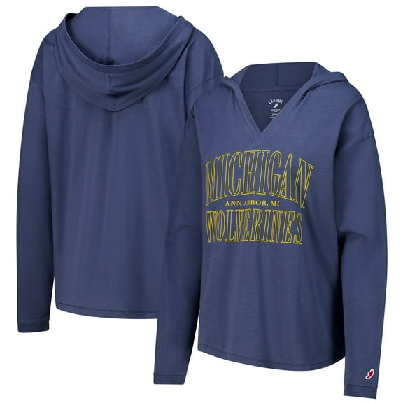 Women's League Collegiate Wear Navy Michigan Wolverines Slub Long Sleeve V-Neck Hoodie T-Shirt