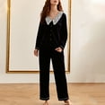 thumbnail image 4 of BLVB Women's Velvet Pajamas 2 Piece Outfits V Neck Lace Long Sleeve Button down Tops and Pants Lounge Sets Sleepwear, 4 of 7