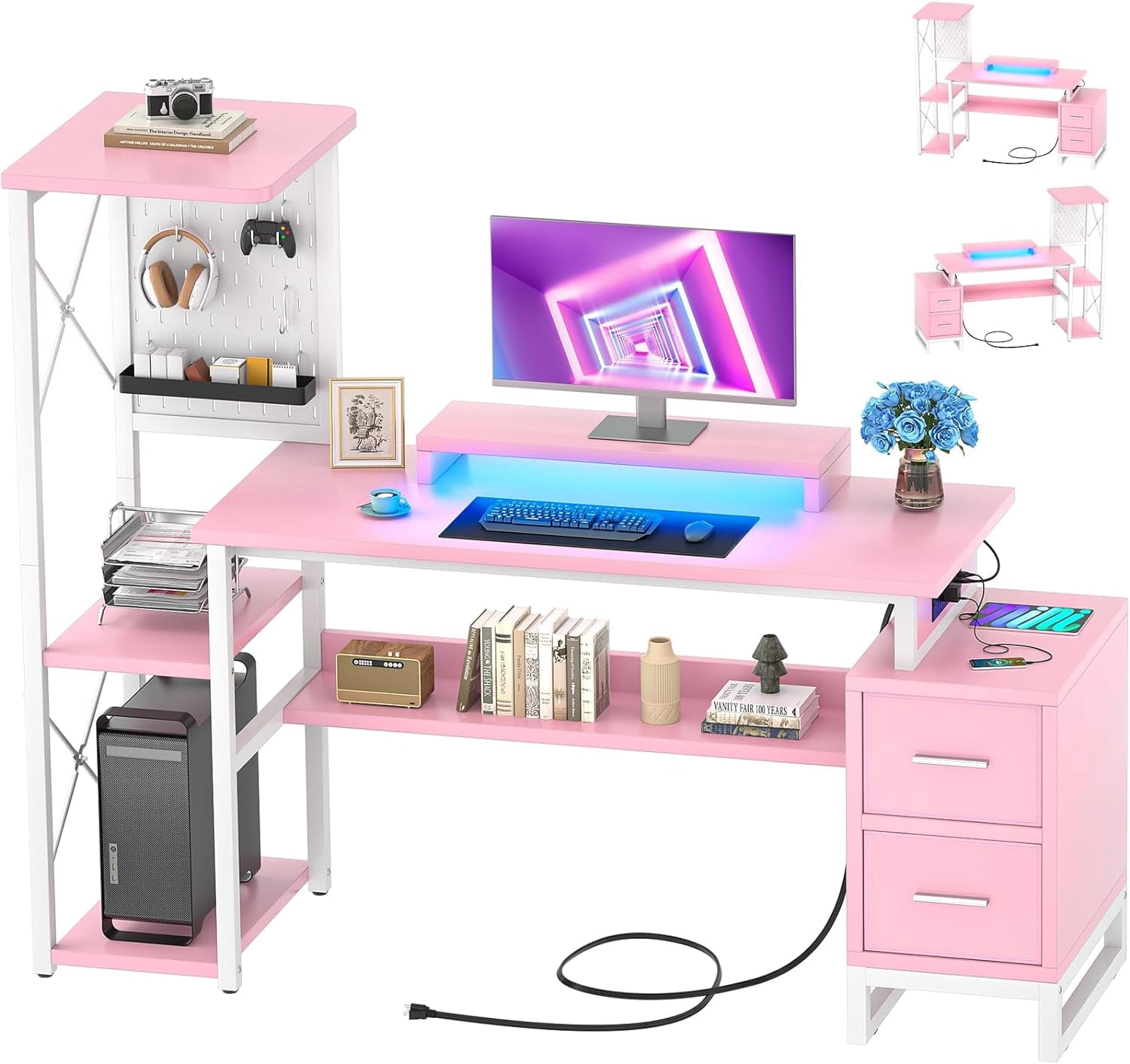 Homieasy 53" Gaming Desk with 2 Fabric Drawers & LED Lights, Reversible Computer Gaming Desk with Power Outlets, Writing Desk with Monitor Stand for Home & Office, with Pegboard, Pink