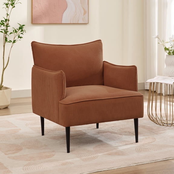 Modern Mid-Century Accent Chair, Upholstered Corduroy Linen Fabric Armchair with Wide Ergonomic Armrests Removable Cushions Wood Frame Metal Legs for Living Room Bedroom Office