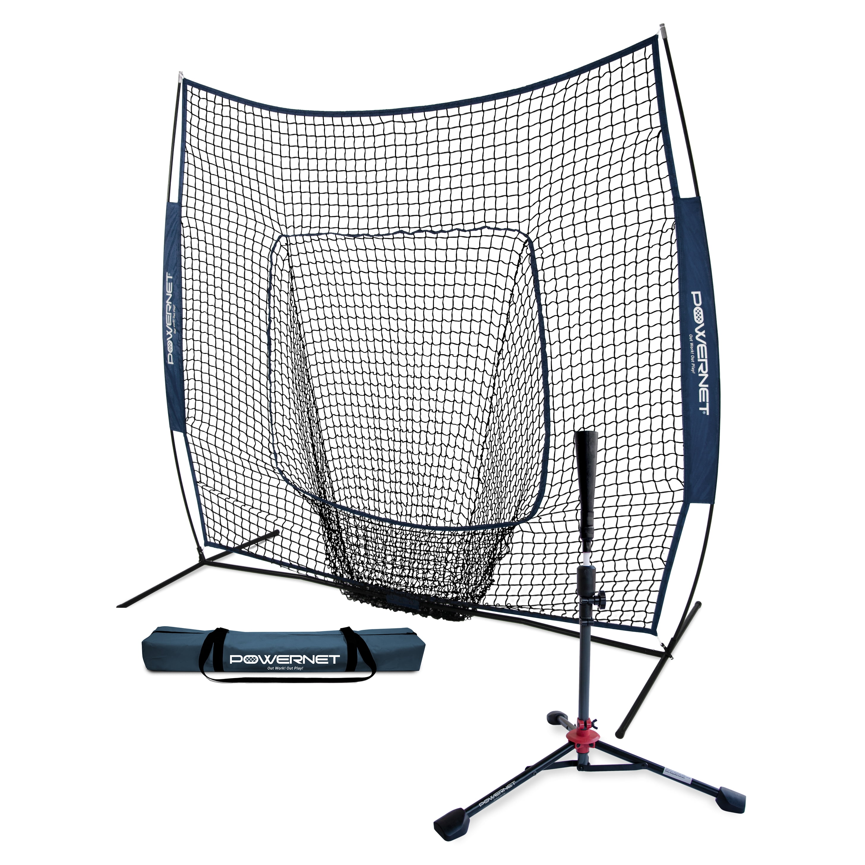 Training Aid Batting Pitching PowerNet Baseball Softball Practice Net 7x7 with Travel Tee Backstop Fielding Practice Hitting Large Mouth Bow Frame Portable Training Equipment Bundle 