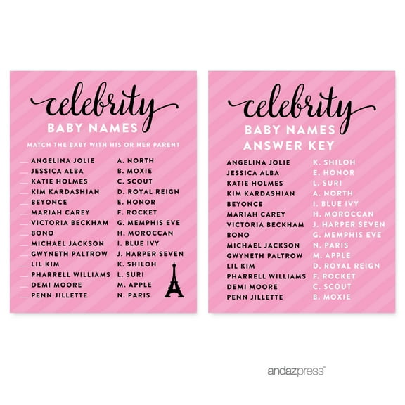 Celebrity Name Game  Paris Bonjour Bebe Girl Baby Shower Game, 20-Pack