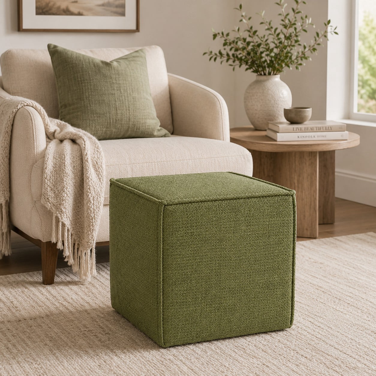 Sanford Living Pontchartrain Pouf Ottoman, Chenille in Moss Green