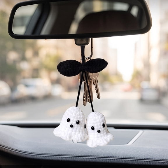 Halloween Ghost Car Mirror Hanging Decoration, Handmade Crochet Rearview Mirror Accessories