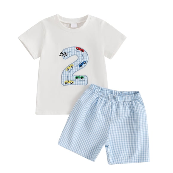 Splozh Toddler Baby 2Pcs Summer Outfits Baby Boy Outfit Truck Embroidery Tops and Plaid Shorts Set Toddler Boy Spring Summer Clothes Blue,2-3 Years
