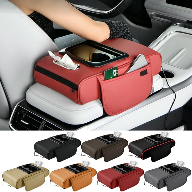 Sentmoon Car Organizer Armrest Organizer with USB Charging Ports Universal Fit Multi Pocket Slim Durable Dual USB Phone Charger Fits Center Console Armrest for Commuting Travel Driving