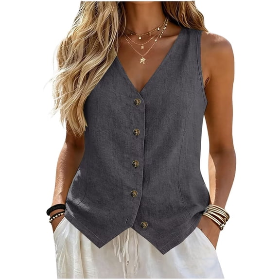 Stralyhd Vest Tops for Women V-Neck Sleeveless Button Down Trendy Linen Vest Waistcoat Dressy Casual Top Dark Gray XXL