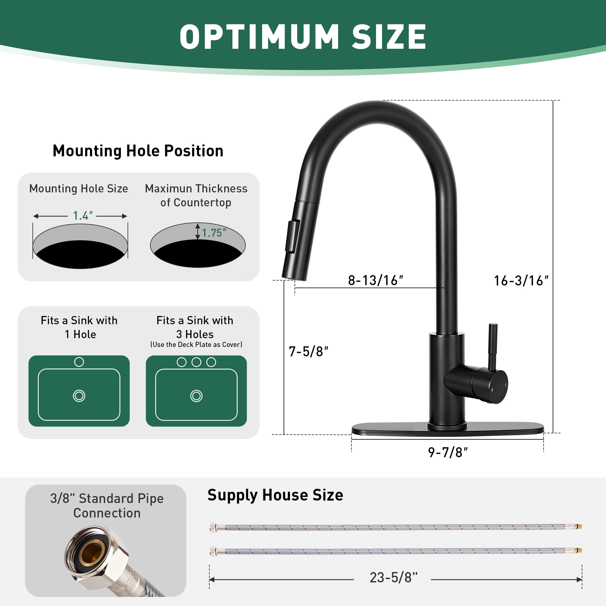 Akicon Kitchen Faucet with Pull Down Sprayer, Dual-Function Single Handle Kitchen Sink Faucets, 304 Stainless Steel with Deck Plate, Fits 1 or 3-Hole Sinks, Black