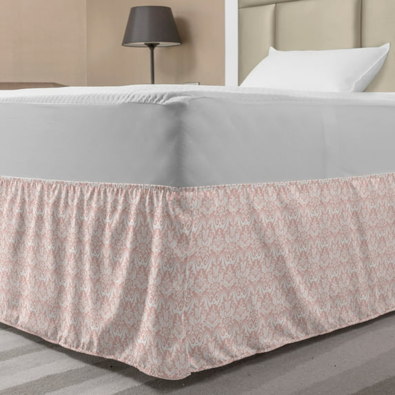 Damask Bed Skirt, Detailed Intricate Botanical Ornaments in Monochrome Tones Rhythmic Pattern, Elastic Bedskirt Dust Ruffle Wrap Around for Bedding Decor, 4 Sizes, Blush and White, by Ambesonne
