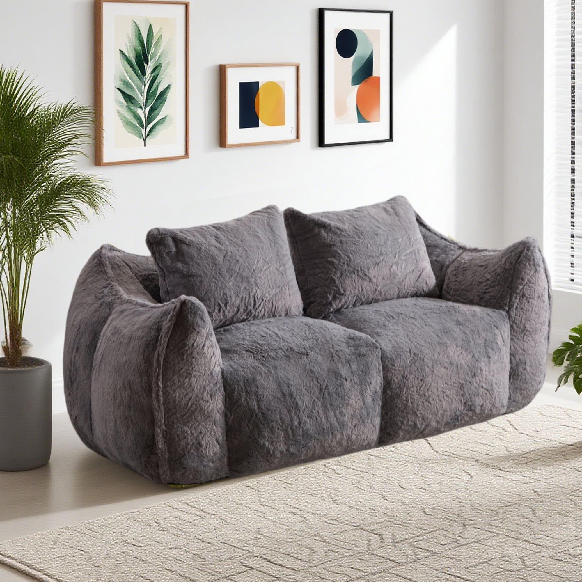 Aukfa Faux Fur Loveseat, 25" Deep Seat Giant Bean Bag Sofa for Living Room, White