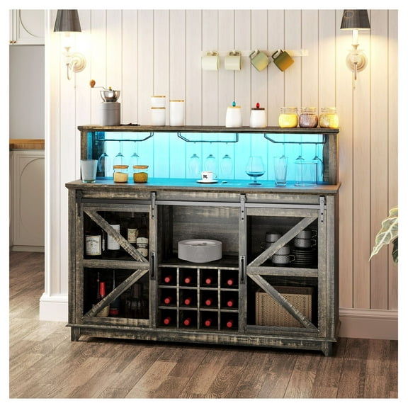 55" Coffee Bar Cabinet with Lights, Farmhouse Wine Cabinet, Kitchen Buffet - Brown